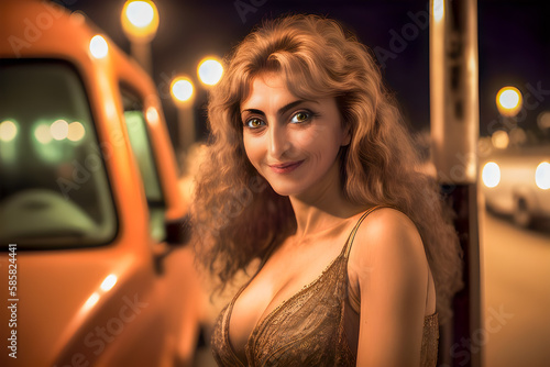 Beautiful woman at night in a truck stop. parking lot. Illustration. generative ai, generative, ai photo