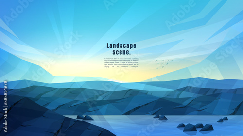 Vector illustration. Polygonal blue landscape. Clear sky background. Lake by rocks and stones. Graphic modern wallpaper. Abstract art. Minimalist style. Design element for web banner, website template