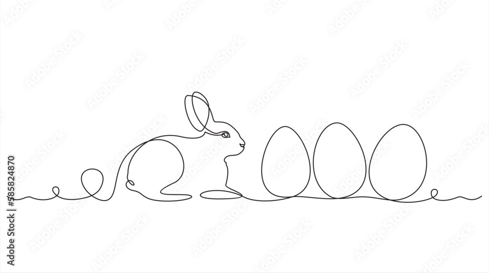 One line Happy Easter holiday decoration drawing, Continuous linear art rabbit and easter eggs, vector illustration One line Happy Easter holiday decoration drawing, Continuous linear art rabbit and easter eggs, vector illustration