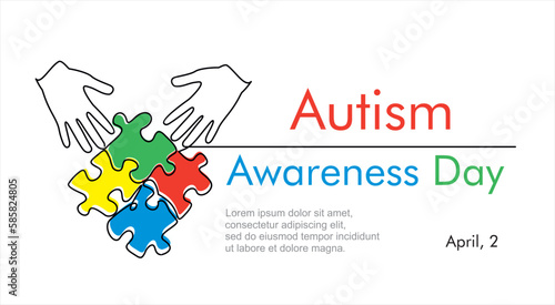 Continuous one line drawing of hands and puzzle. Autism awareness concept art. Accept autism and understand the challenges associated with it.Help people build kinder world for every unique individual