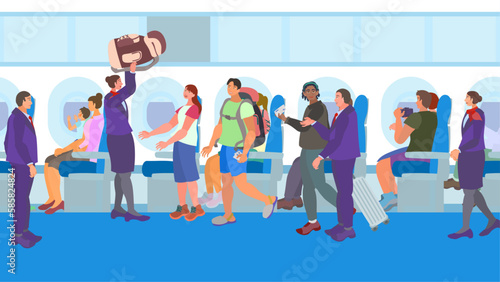 飛行機に搭乗する人々。フラットなベクター背景イラスト。 People boarding a plane. Flat designed vector background illustration.