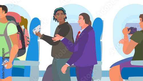飛行機に搭乗する人々と案内する客室乗務員。フラットなベクター背景イラスト。 Passengers boarding the airplane and cabin crew guiding them.  Flat designed vector background illustration.