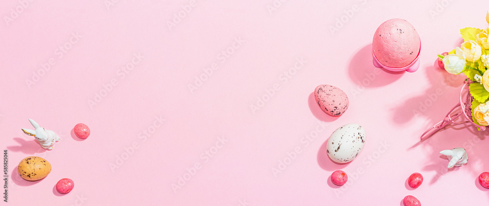 Gentle Easter greeting card with spring flowers, rabbit, eggs and traditional decor. Happy holiday Gentle Easter greeting card with spring flowers, rabbit, eggs and traditional decor. Happy holiday