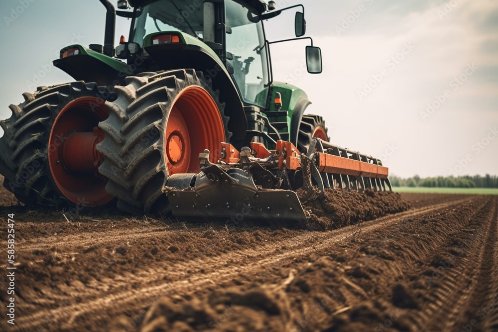 Tractor with a disc harrow system on the cultivated farm field, process