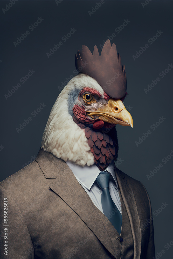 Anthropomorphic chicken dressed in a suit like a businessman. business concept. AI generated