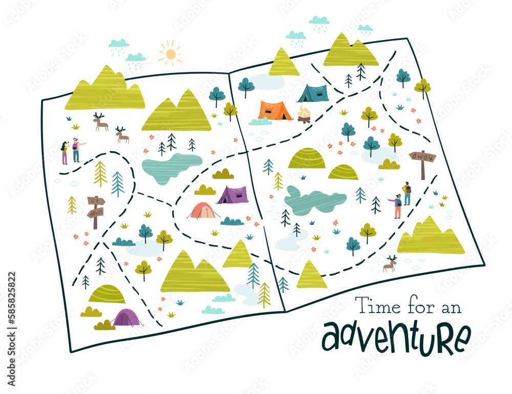 Cute hand drawn vector map with camping doodles, tents, landscape and trails, great for textiles, banners, wallpapers - obrazy, fototapety, plakaty 