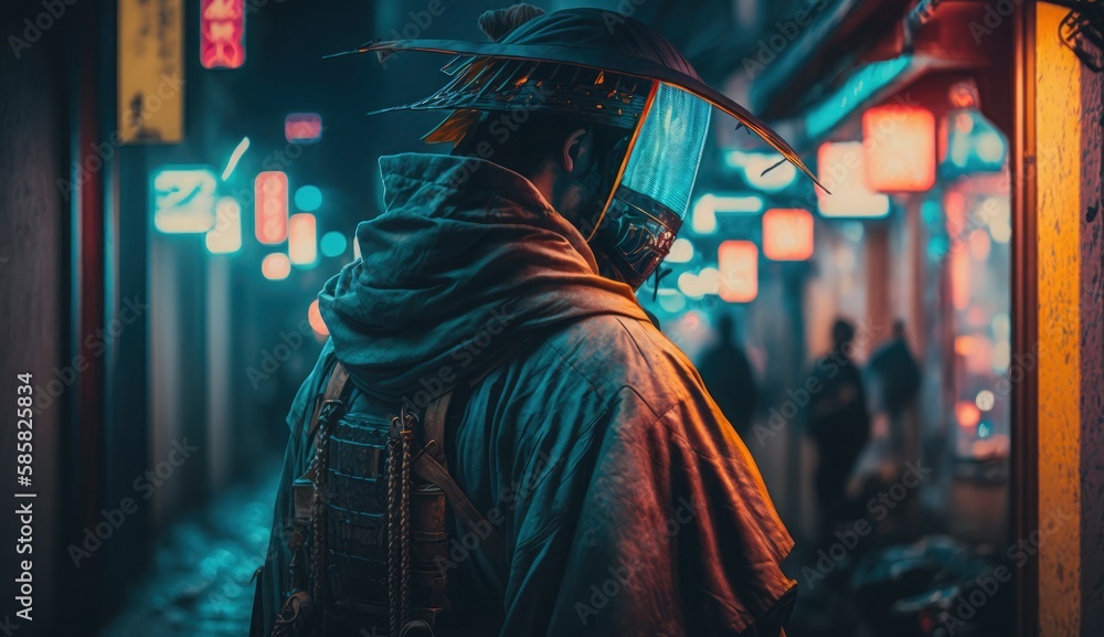 Looking samurai and street with blurred neon lights at night on background. Postproducted generative AI digital illustration.