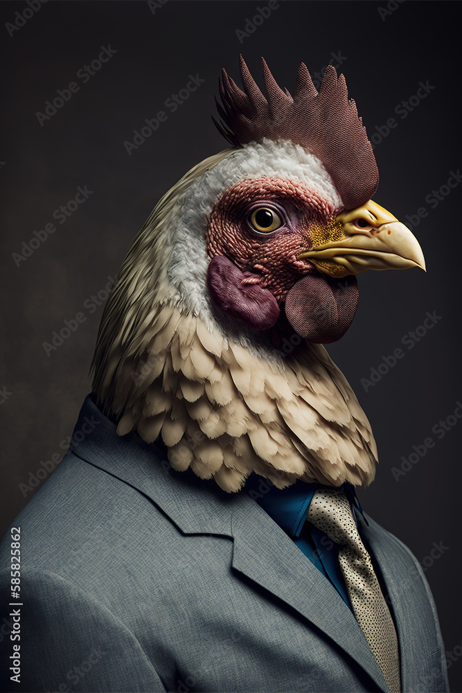 Portrait of a rooster dressed in a formal business suit . Generative ai