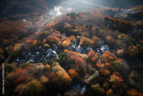 Aerial view of japan landscape at autumn, generative AI