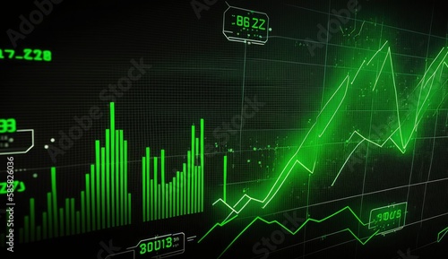 Stock market trading graph in green color as economy 3D illustration background. Trading trends and economic development.