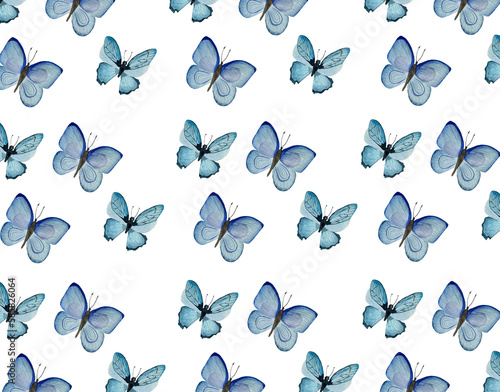 Pattern of watercolor butterflies. Hand drawn, white background. Wrapping paper, print, textile.