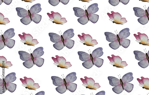 Pattern of watercolor butterflies. Hand drawn, white background. Wrapping paper, print, textile.