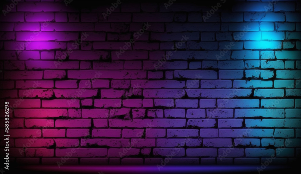 Black brick wall background with neon lighting effect from pink and purple to blue. Glowing lights in the dark on empty brick wall background Black brick wall background with neon lighting effect from pink and purple to blue. Glowing lights in the dark on empty brick wall background