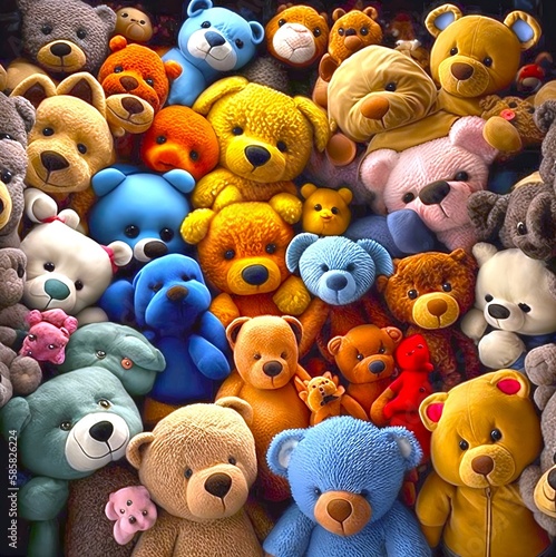 pile of teddy bears, multicoloured background, toys, generative ai