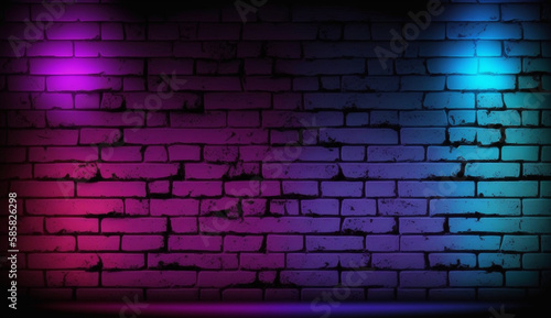 Black brick wall background with neon lighting effect from pink and purple to blue. Glowing lights in the dark on empty brick wall background