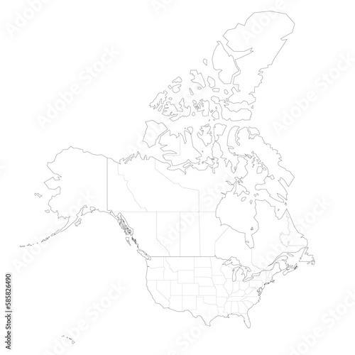 United States and Canada political map of administrative divisions. Blank black outline vector map