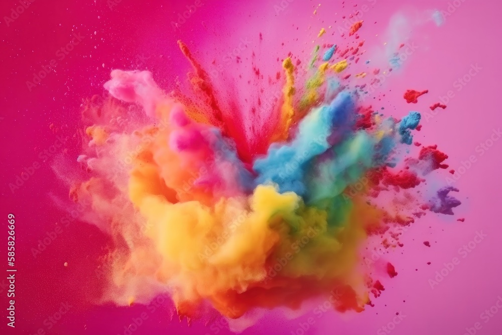 Colourful paint splashes in the shape of a love heart, Coloured powder explosion. Paint holi, Mix rainbow splash on isolated colourful background - Generative AI Illustration
