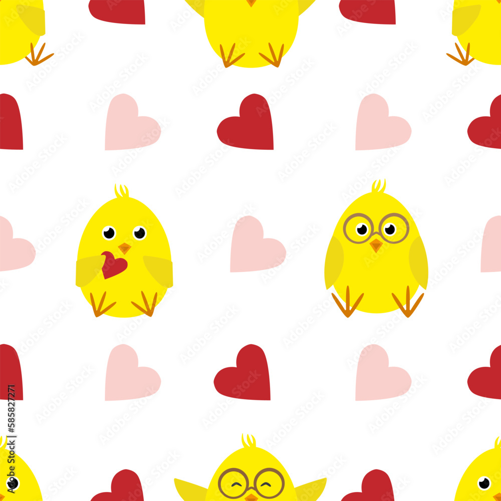 Vector seamless pattern with little yellow chicks characters and pink and red hearts in cartoon style for St Valentines day