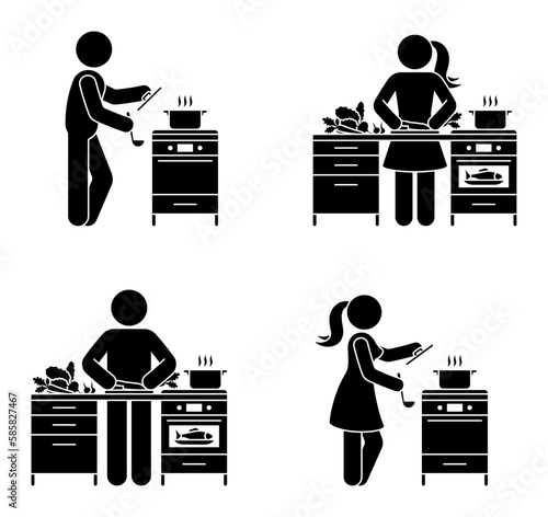 Stick figure man and woman preparing homemade dinner vector illustration set. Stickman person cooking at kitchen icon silhouette pictogram