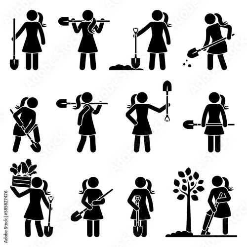 Stick figure woman standing with shovel vector set. Stickman female digging ground, planting tree, gathering harvest icon pictogram