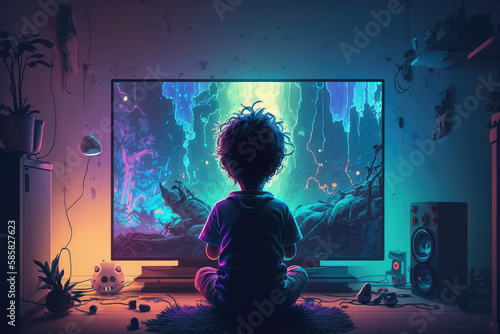 The child is sitting in front of a computer screen. The boy is playing computer games or watching TV in his room, a view from the back. Creative banner of kids computer addiction. Generative AI art.