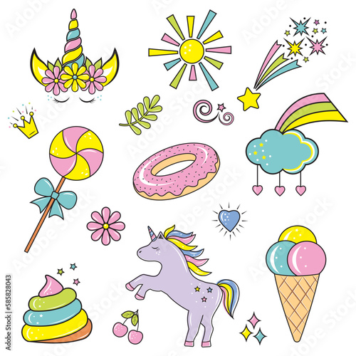 Collection of kawaii unicorn, rainbow, star, cupcake, ice cream, magic wand, crown, dessert