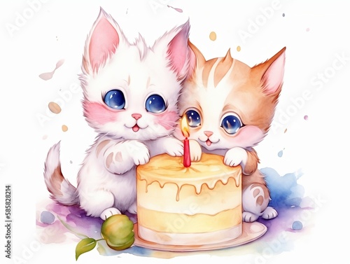 baby cats playing with birthday cake - watercolor illustration on transparent background, ideal for pet lovers, pet-themed designs, and birthday celebration projects. generative ai photo