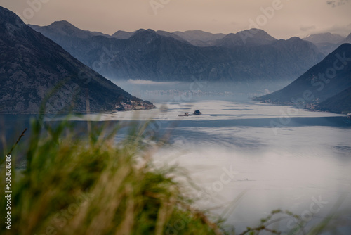 View of the hills and the Bay of Kotor in cloudy weather from a height.