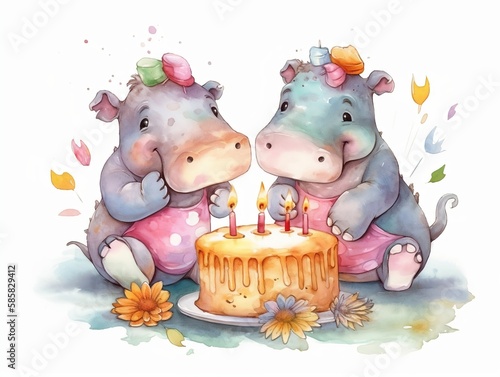 baby hippo playing with birthday cake - watercolor illustration on transparent background, ideal for pet lovers, pet-themed designs, and birthday celebration projects. generative ai