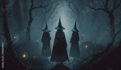 halloween night scene of three witchers wearing black in the middle of the forest -AI Generative 
 photo