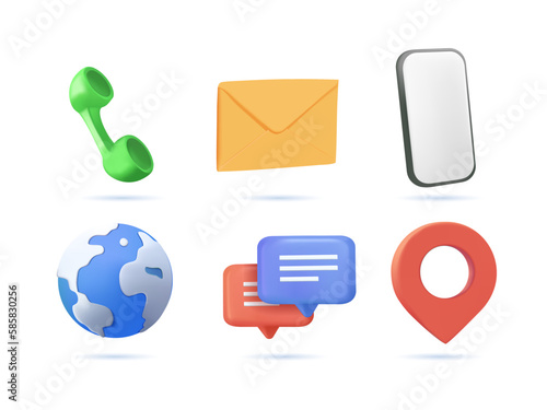 Contact information 3D icons, vector for business card and website. Communication icon set. Phone, email location pin