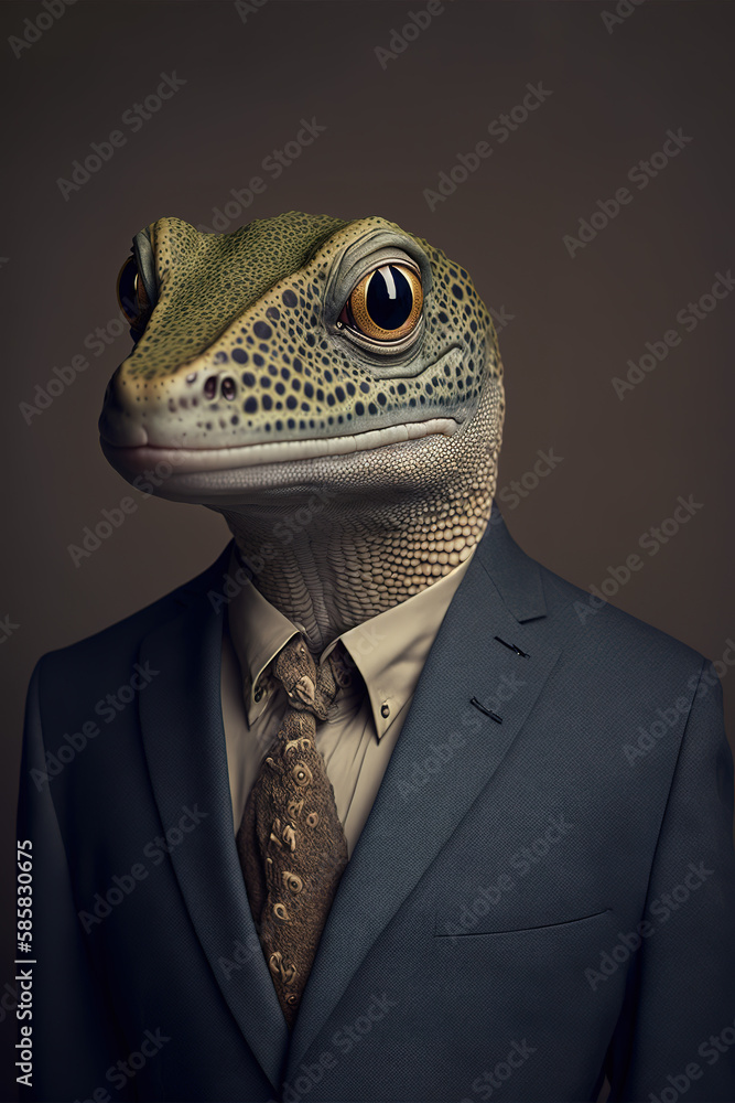 Portrait of a gecko wearing business suit. Generative AI. Portrait of a gecko wearing business suit. Generative AI.