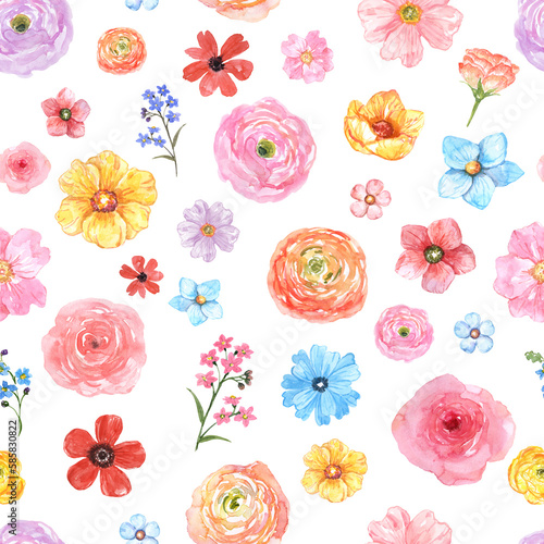 Watercolor cute floral seamless pattern. Summer floral print with orange  pink  blue  and yellow wildflowers. Blooming meadow illustration.