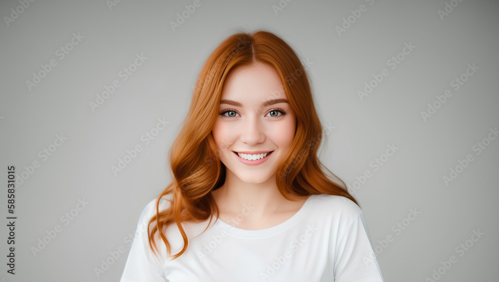 White caucasian young woman portrait with red middle wavy hair hairstyle on empty grey background. Copy space for product placement. White caucasian young woman portrait with red middle wavy hair hairstyle on empty grey background. Copy space for product placement.