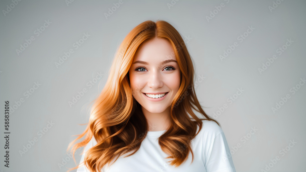 Happy confident young woman with natural skin, healthy hair and white teeth. Grey background with copy space. Generative AI Happy confident young woman with natural skin, healthy hair and white teeth. Grey background with copy space. Generative AI