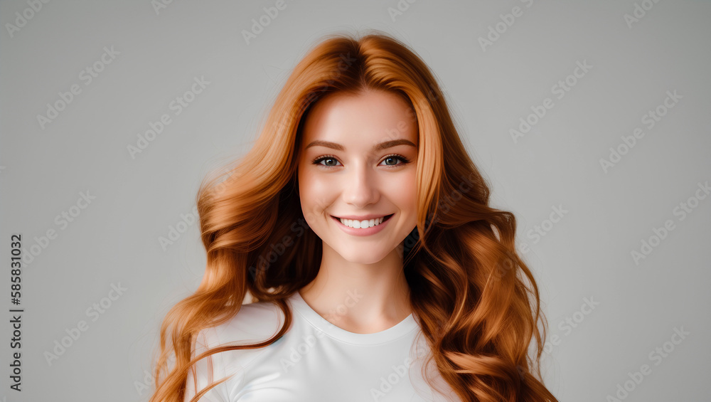 Fototapeta premium Portrait of young beautiful woman with red hairstyle and white top. Cleavage. Model studio shot. Copy space. Generative AI