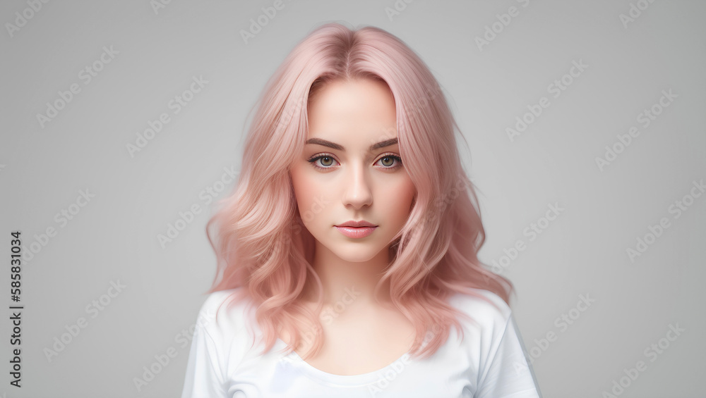 Happy confident young woman with natural skin, healthy hair and white teeth. Grey background with copy space. Generative AI Happy confident young woman with natural skin, healthy hair and white teeth. Grey background with copy space. Generative AI