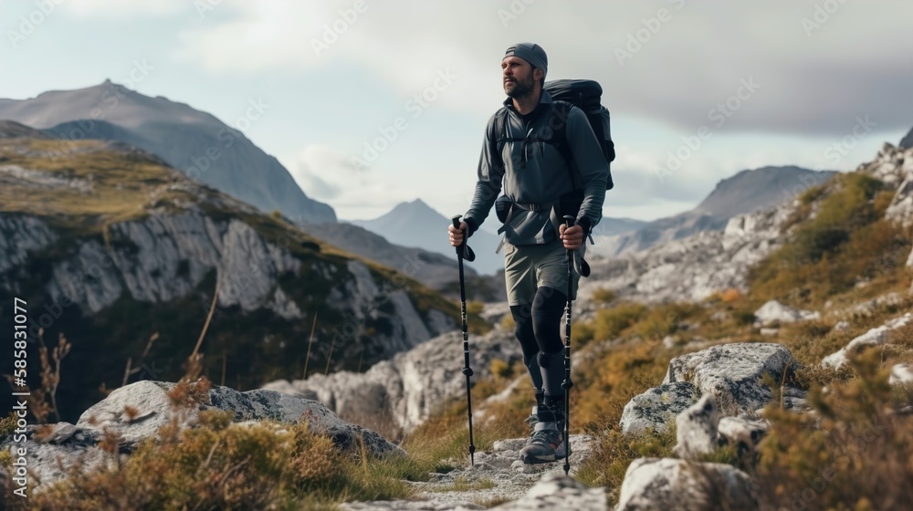 Fototapeta premium A Man hiking at mountains with backpack, summer vacations outdoors concept alone in the wild, breathtaking landscape, AI generated