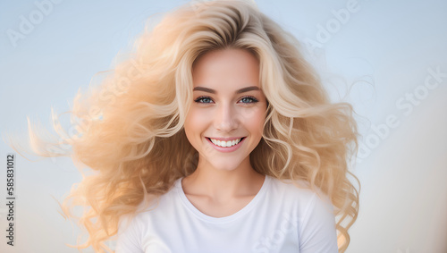 White caucasian young woman portrait with blond long curly hair hairstyle on empty grey background. Copy space for product placement.