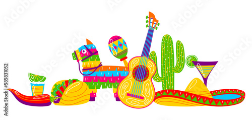 Cinco de Mayo greeting card. Mexican holiday items.
