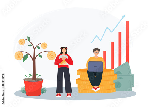 Persons earning money in internet, online money transfer, payments, money savings, freelance work concept, flat vector illustration