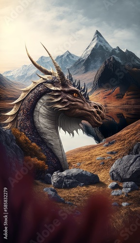 Captivating Fantasy Landscapes: Dragon & Unicorn Scenes captured with Panasonic Lumix S1R & Lumix S PRO 70-200mm f 4 OIS lens amidst Nature's Art, Generative AI photo