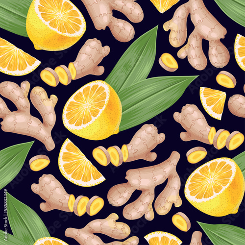 Vector seamless pattern with ginger and lemon
