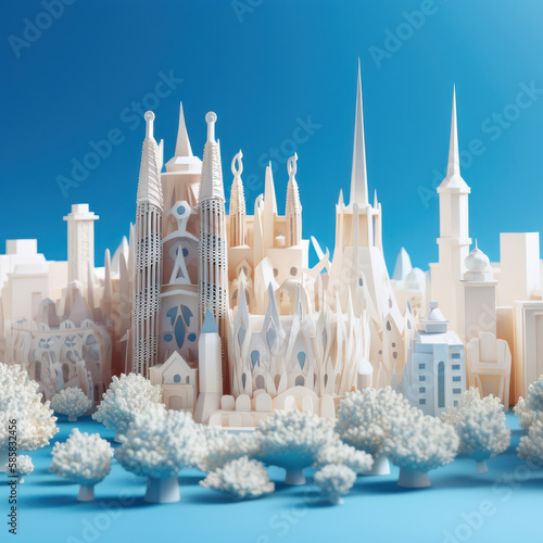 A Layered Paper Cut of Barcelona's Skyline, Generative AI