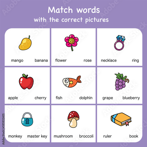 match words with pictures. Educational worksheet for preschool