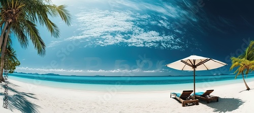 tropical beach banner. White sand and coco palms travel tourism wide panorama background concept. Amazing beach landscape by ai generative
