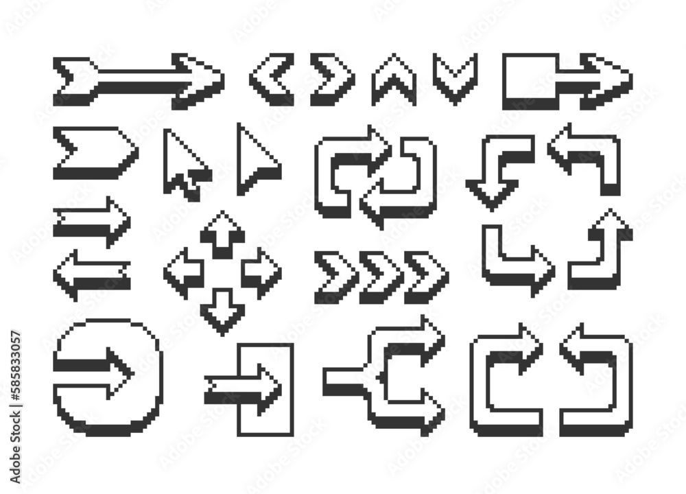 Arrow Icon set in pixel style. Set of retro pixelated icons. Arrow Icon set in pixel style. Set of retro pixelated icons.