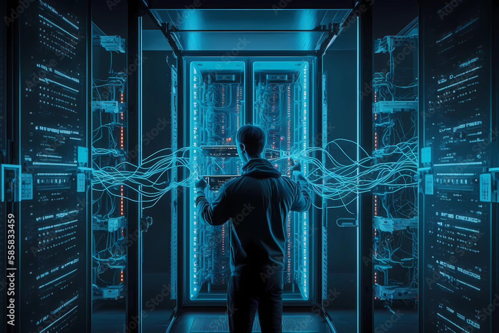 IT Profi verbindet globales Netzwerk. Serverraum in blauem Neonlicht. generiert IT Profi verbindet globales Netzwerk. Serverraum in blauem Neonlicht. generiert