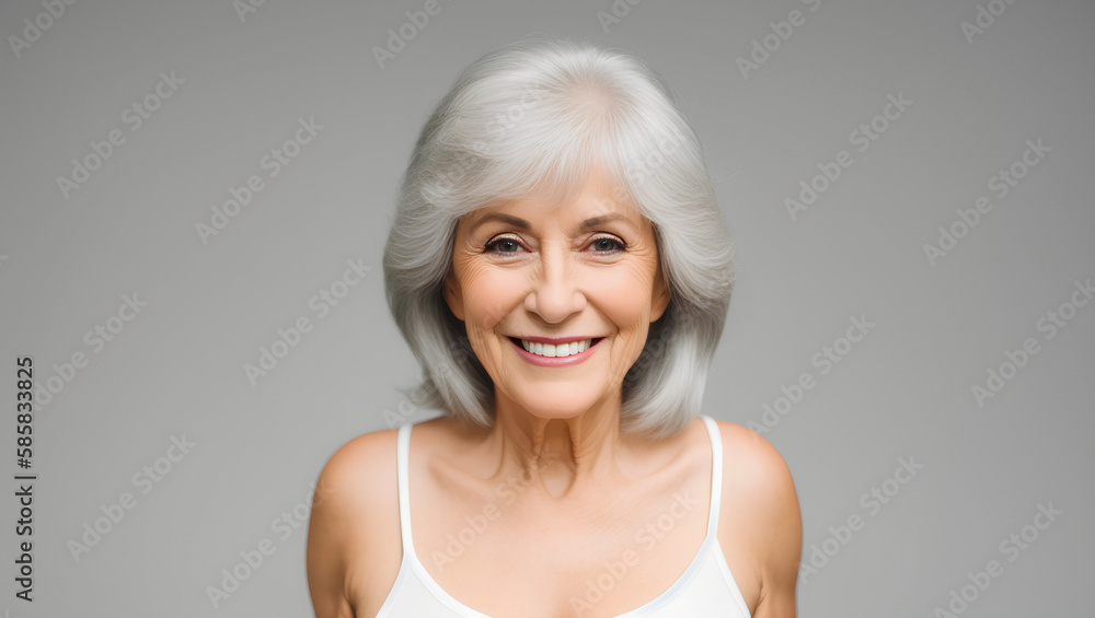 White caucasian mature senior woman portrait with grey middle wavy hair hairstyle on empty grey background. Copy space for product placement. White caucasian mature senior woman portrait with grey middle wavy hair hairstyle on empty grey background. Copy space for product placement.