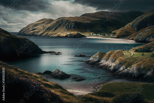 coastal landscape by the sea with green meadows in scotland. Generative AI